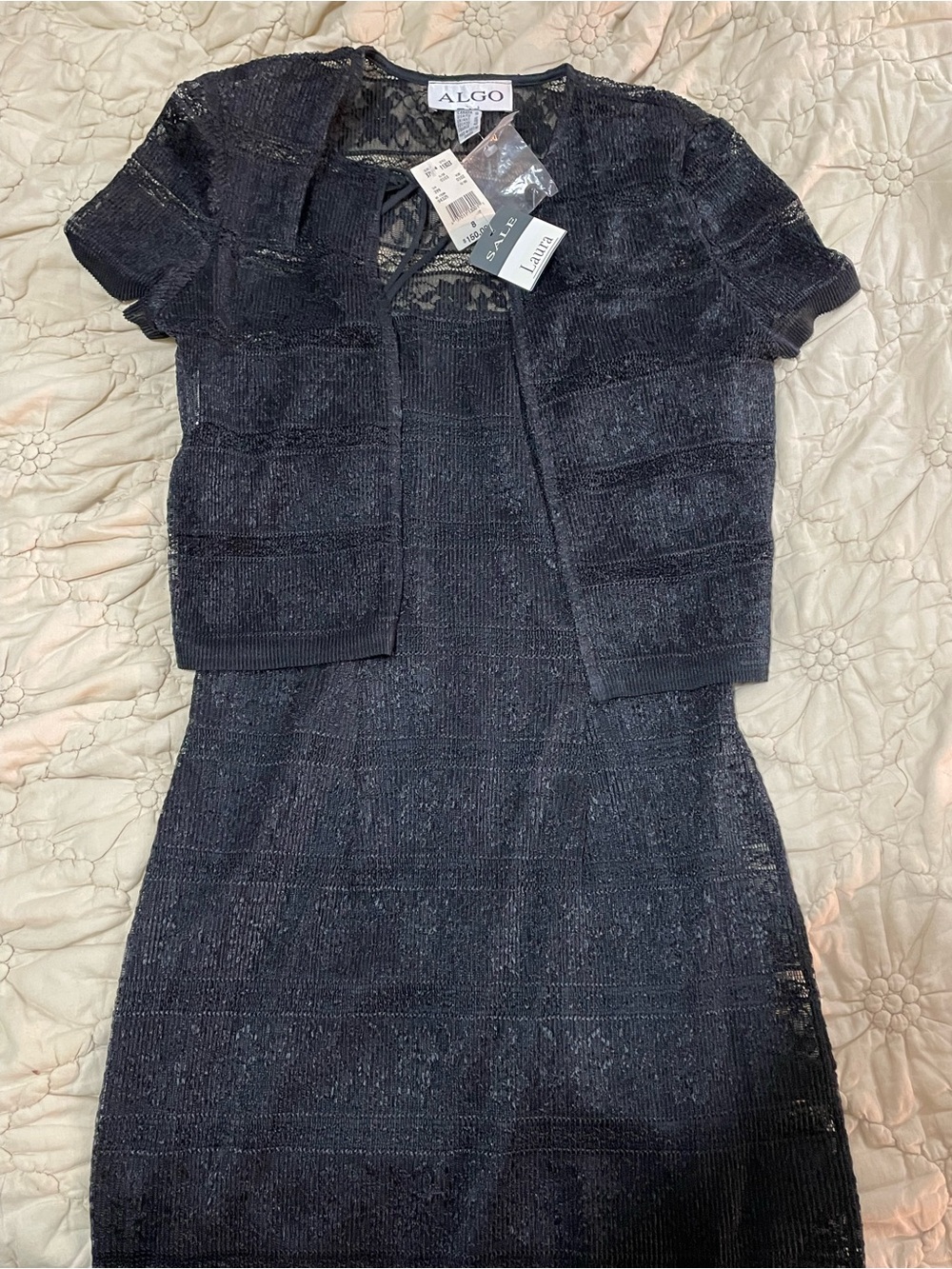 ALGO Black Mesh Knit Dress and Short Sleeve Cardigan Set